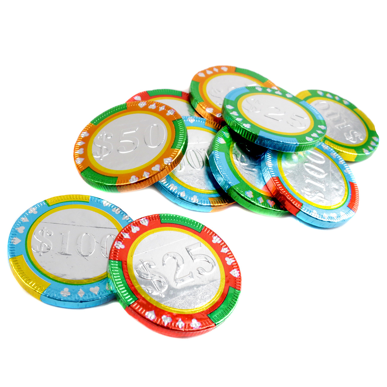 Milk Chocolate Casino Poker Chips, individually wrapped, 1.5-inch diameter, approx 85 per pound.