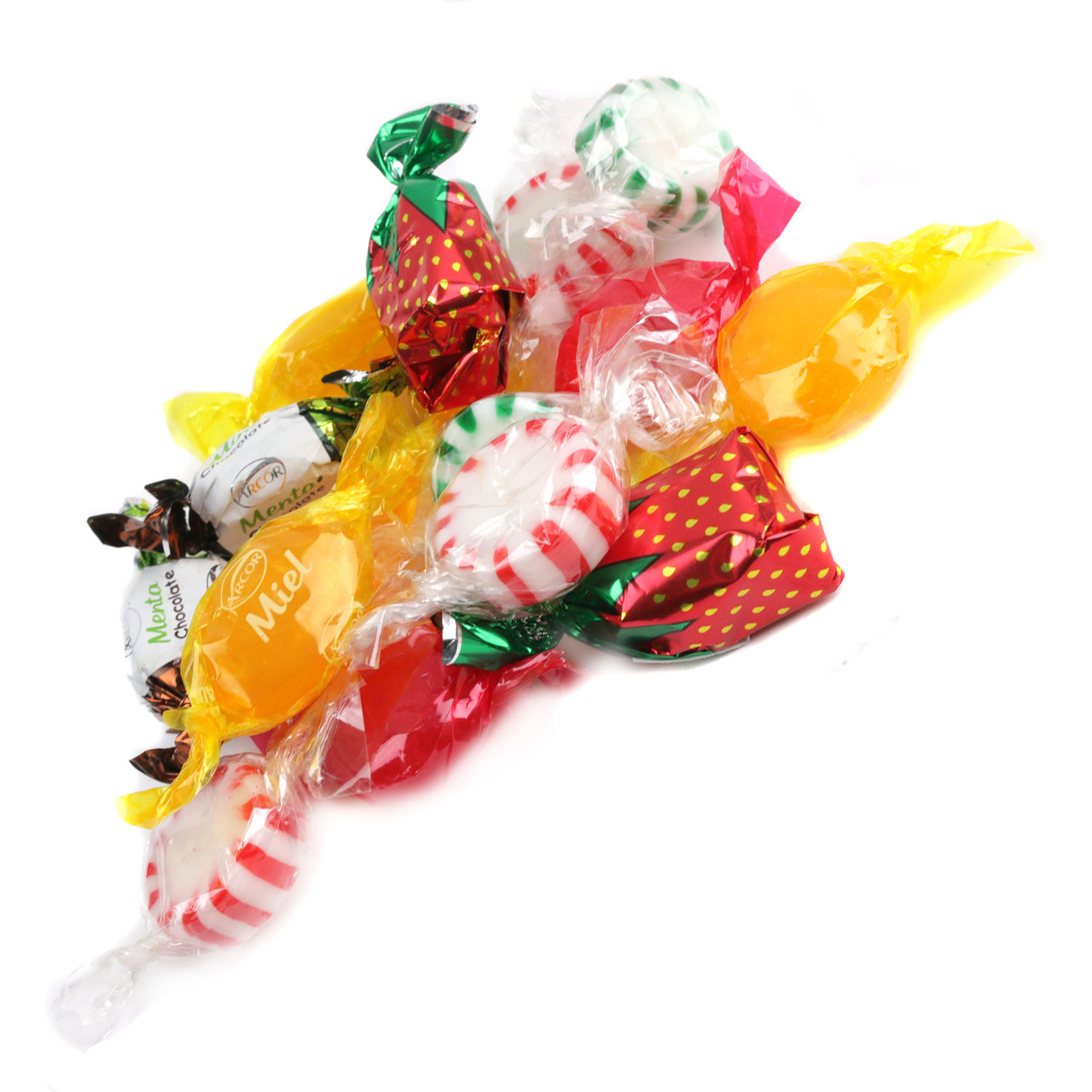 Arcor Assorted Hard Candy Mix, individually wrapped, rainbow colors, many flavors, Butterscotch, Chocolate Mint, Cinnamon, Fruit, Honey, Strawberry.