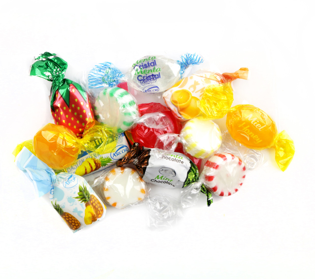 Arcor assorted hard candy mix, individually wrapped, bulk, vibrant rainbow colors, fruit, mint, butterscotch flavors.