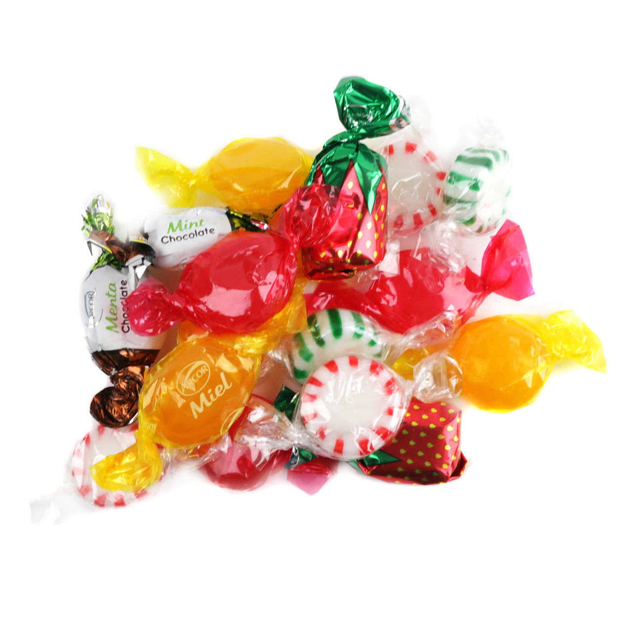 Arcor Assorted Hard Candy Mix. Individually wrapped fruit, butterscotch, mint, cinnamon, honey candies in a rainbow of colors.