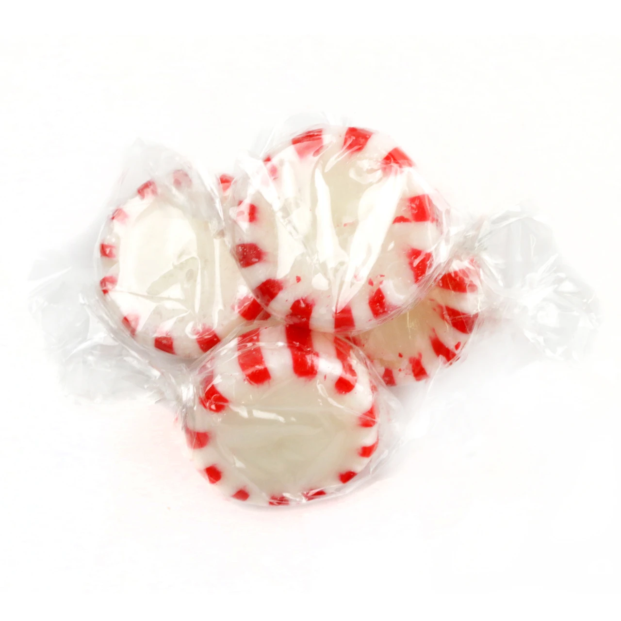 Arcor Peppermint Starlight Mints, round red and white striped hard candies, approx 90 individually wrapped mints per pound.