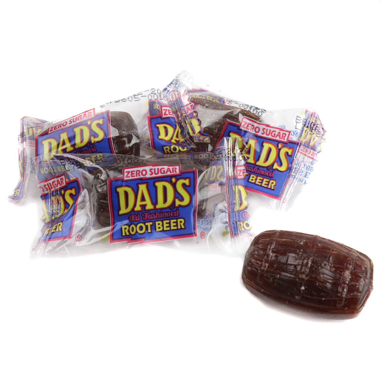 Dad's Root Beer Barrels Sugar Free brown hard candy, approx 60 per pound, 1-inch, classic root beer flavor.