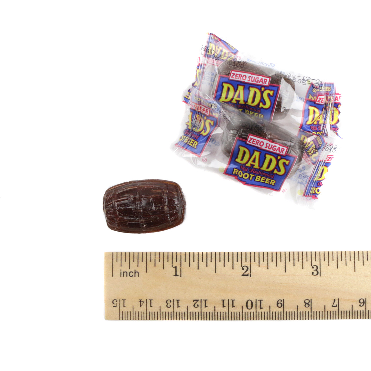 Dad's Root Beer Barrels Sugar Free hard candy, brown 1-inch barrels. Approx 60 pieces per pound.
