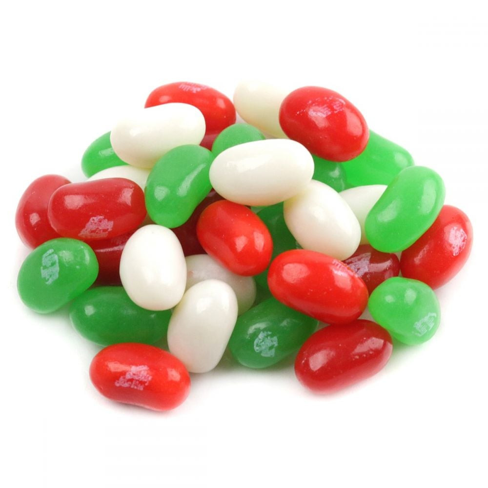 Jelly Belly Christmas Mix jelly beans, red, green, white. Very Cherry, Green Apple, Coconut, Red Apple. Approx 400 per pound.