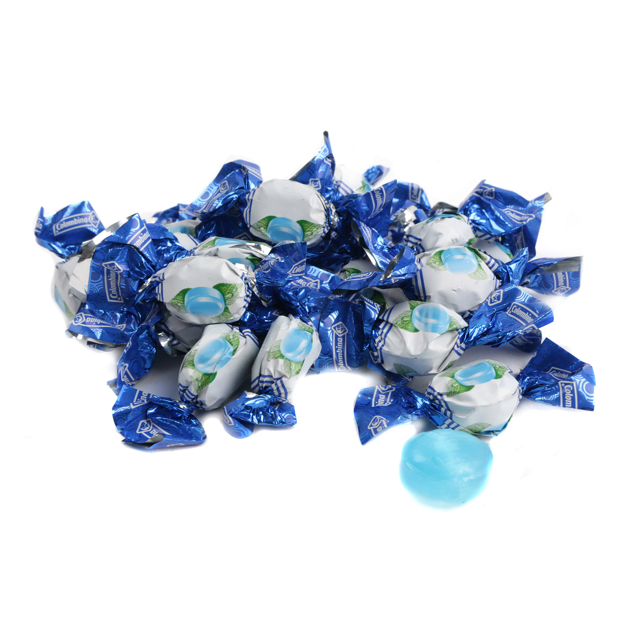Blue Mint Colombina Mini Hard Candies, refreshing, approximately 300 pieces per pound.