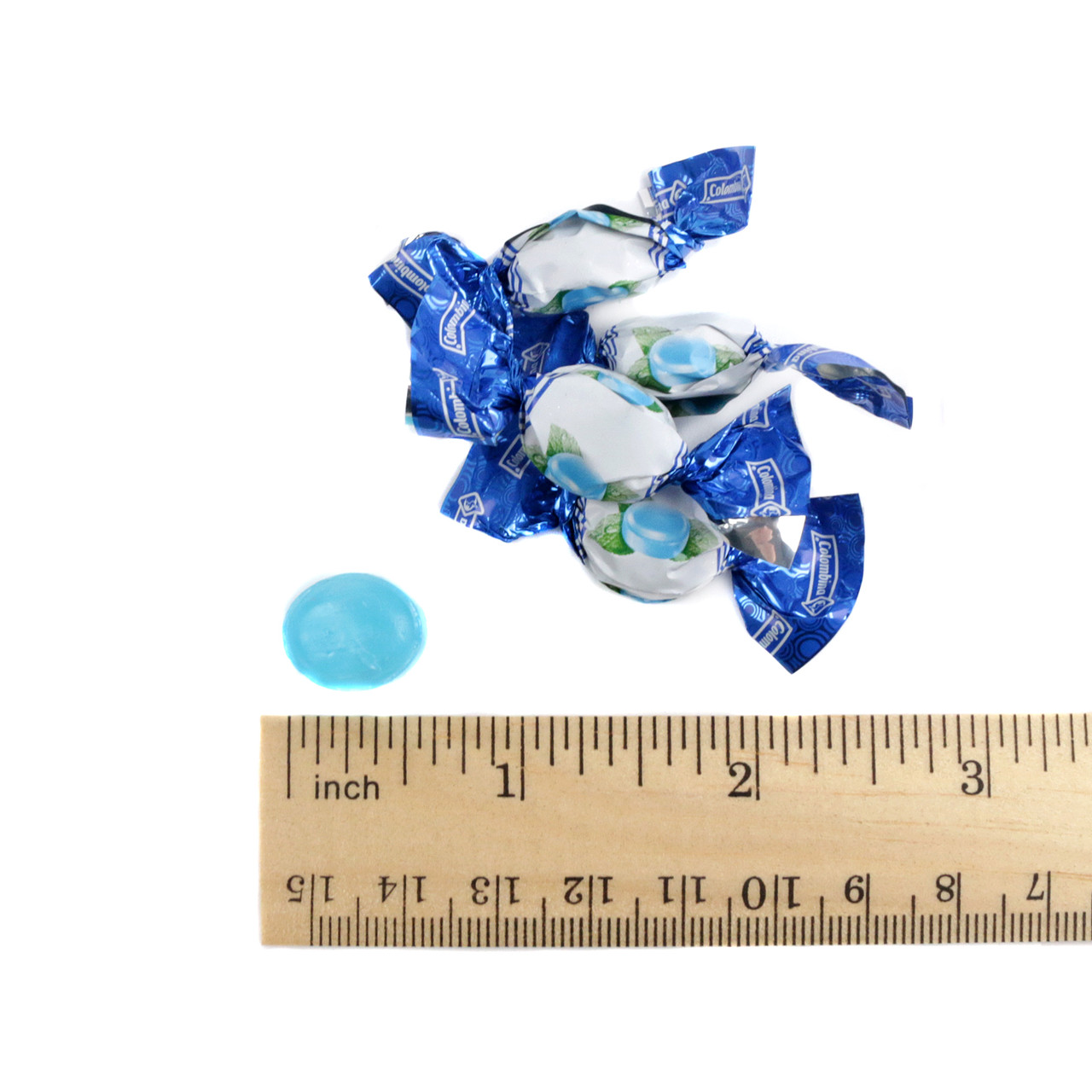 Vibrant blue Mint Colombina Mini Hard Candy, approximately 300 pieces per pound.