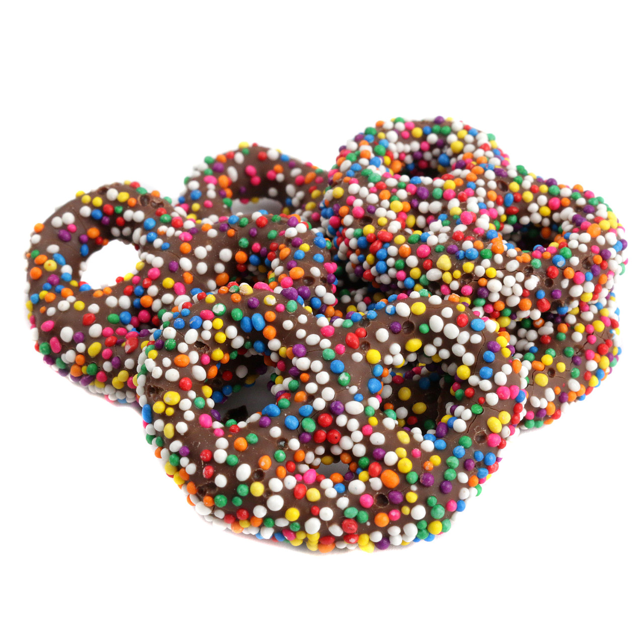 Ashers Milk Chocolate Covered Pretzels, bite-sized, topped with vibrant rainbow nonpareils. Approx 45 pieces.