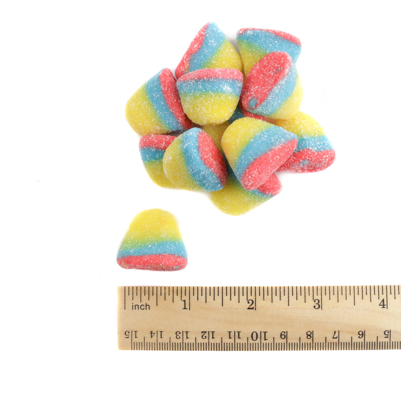 Vibrant red, yellow, blue Vidal Tropical Gummy Drops, sweet, tangy tropical flavor, approx 80 per pound.