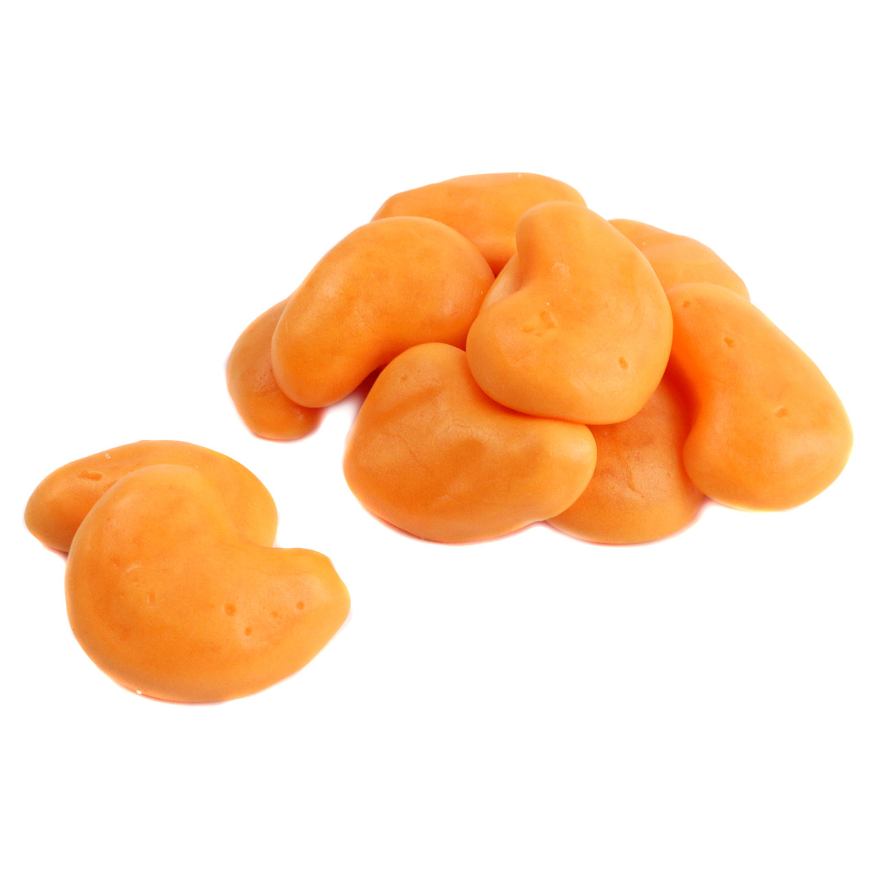 Yellow-orange Gummy Filled Spicy Mangos candy. Sweet & spicy, non-GMO, 70 pieces per pound. Bulk tropical treat.