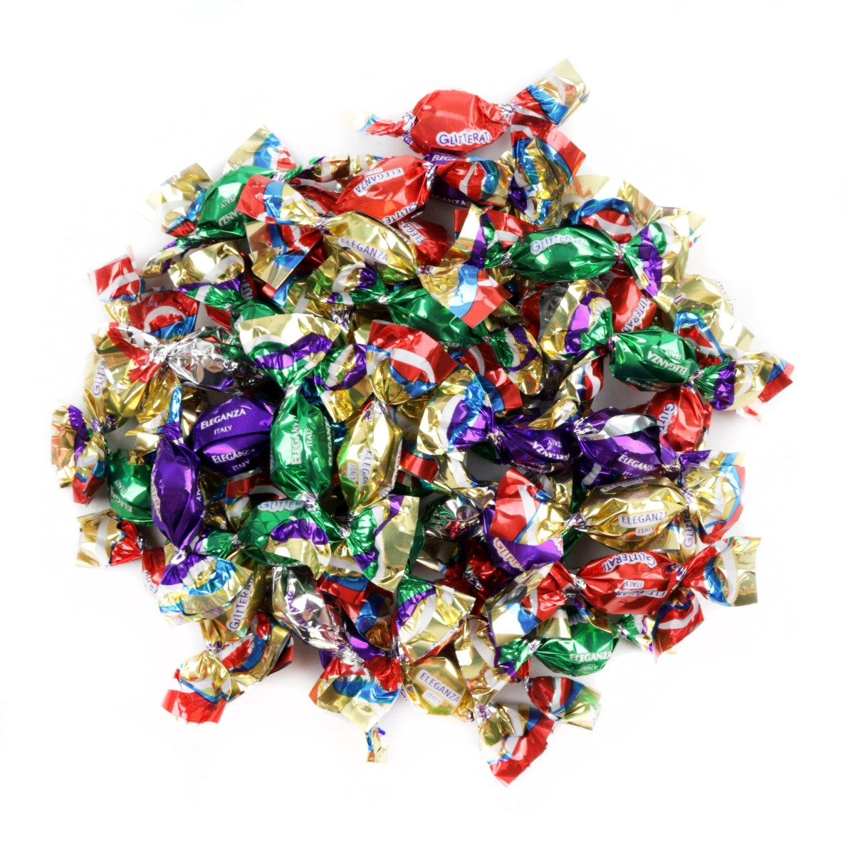 Bulk Glitterati Eleganza Italian hard candy, 450 pieces, multi-colored shiny foil wrappers, assorted flavors.