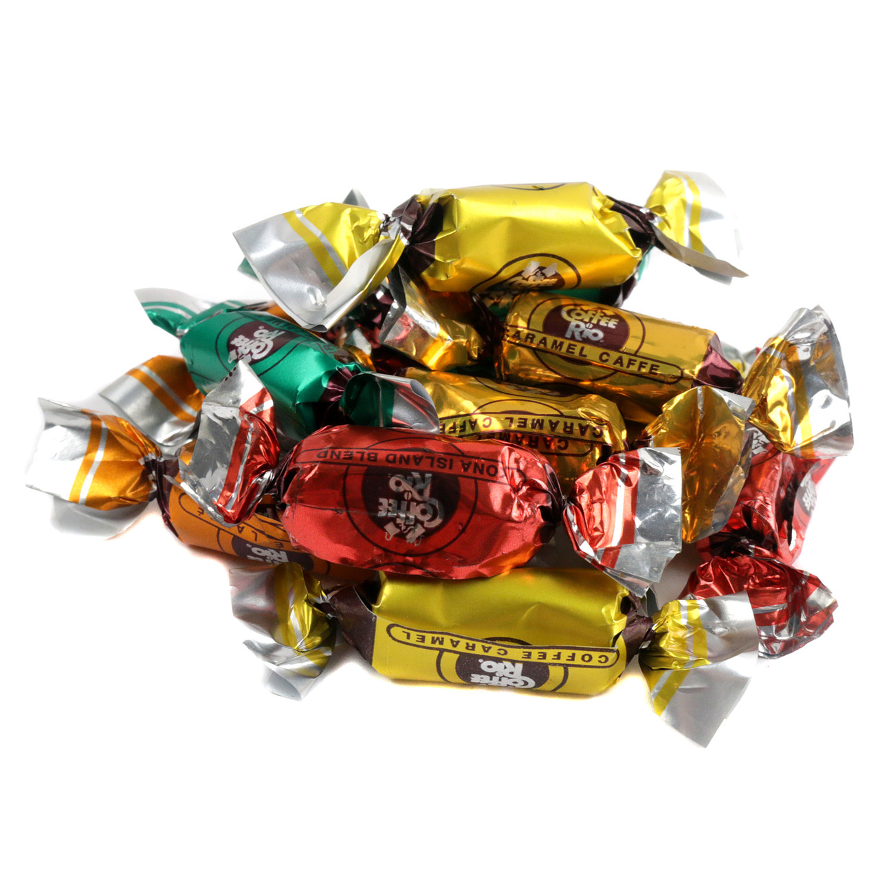 Assorted Coffee Rio hard coffee candies, Original, Kona Blend, Caffé Latte flavors. Approx. 87 pieces, brown tones.