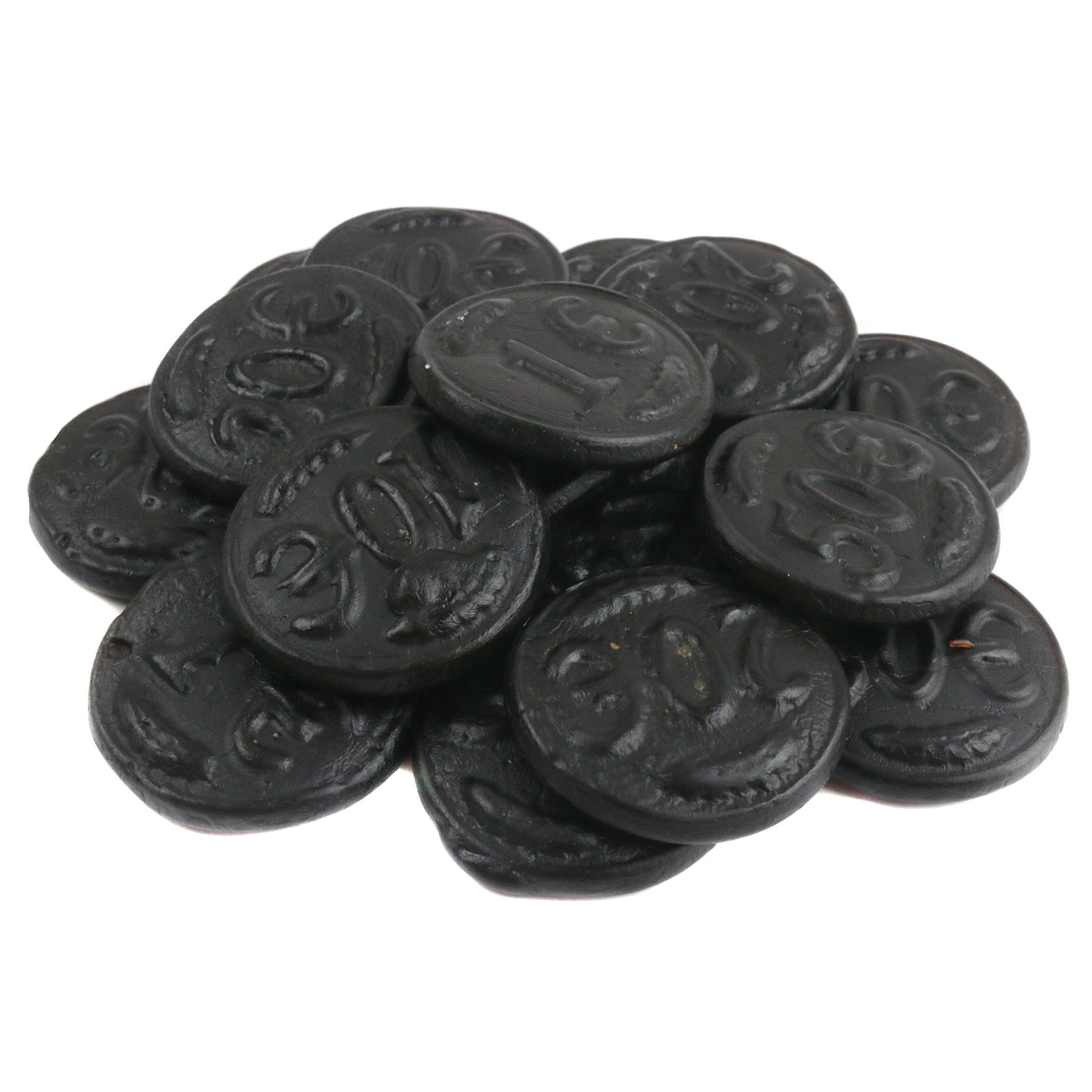 2.2LB Salty Black Licorice Coins, firm round black candy embossed with Euro denominations, imported from Holland.