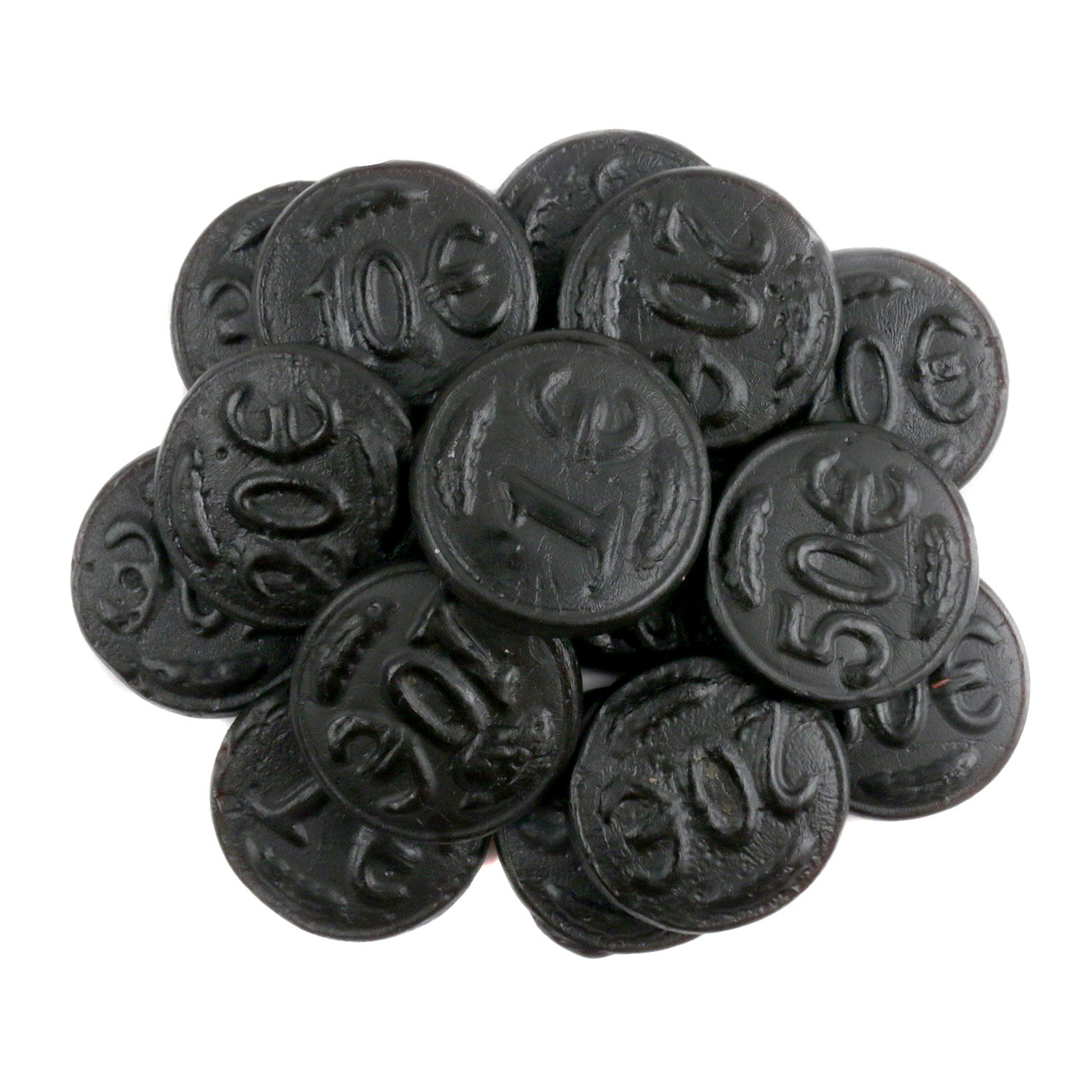 2.2LB Salty black licorice coins, round, firm, embossed with Euro denominations, imported from Holland.