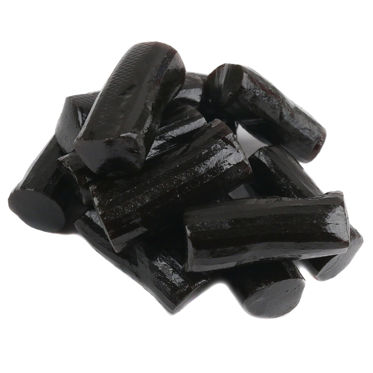 Finnska Soft Black Licorice bites, glossy black finish, approx 90 pieces per pound, Finnish style candy.