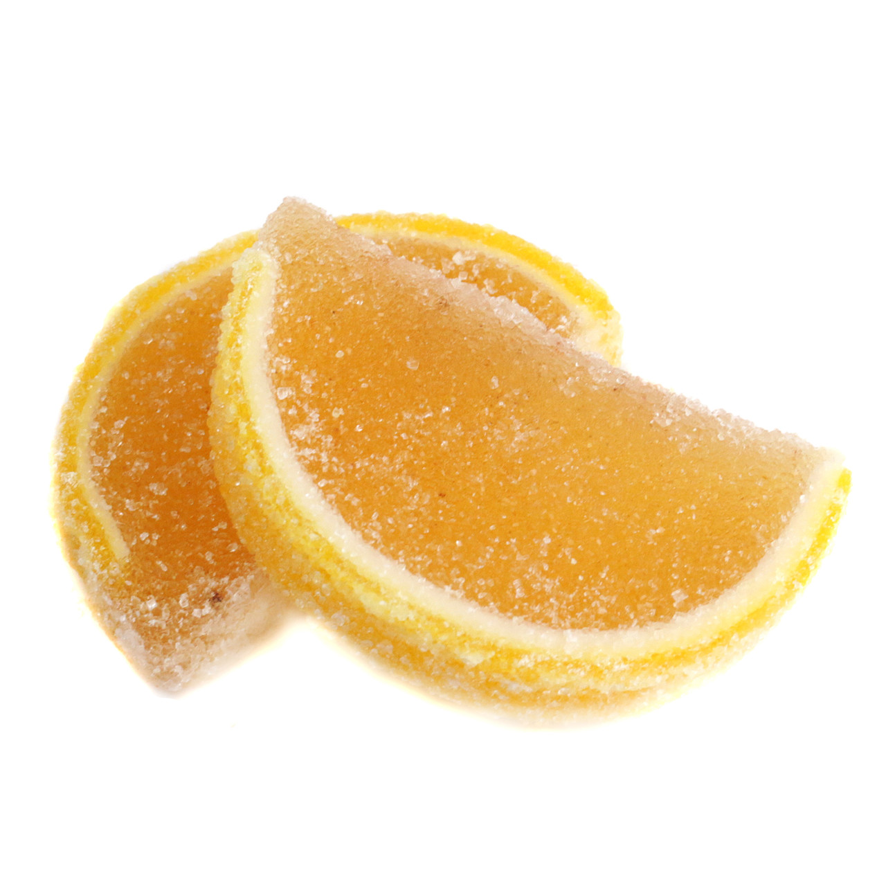 Unwrapped orange, yellow, and red chili mango jelly candy slices, 5lb bulk box, many sweet and spicy tropical treats.