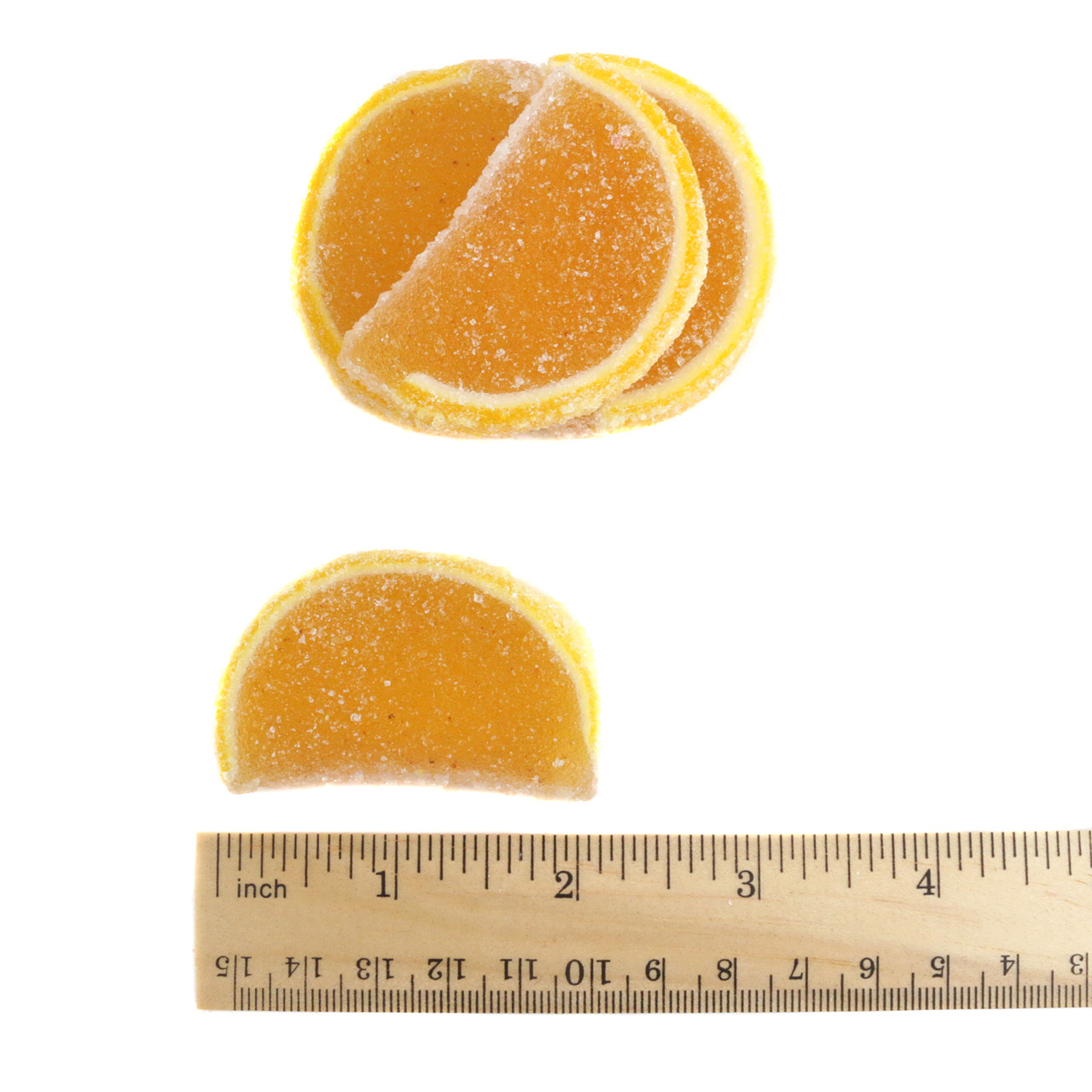 Chili Mango Jelly Candy Slices, unwrapped, vibrant yellow-orange, sweet, spicy, 5LB box, approx 90 pieces.