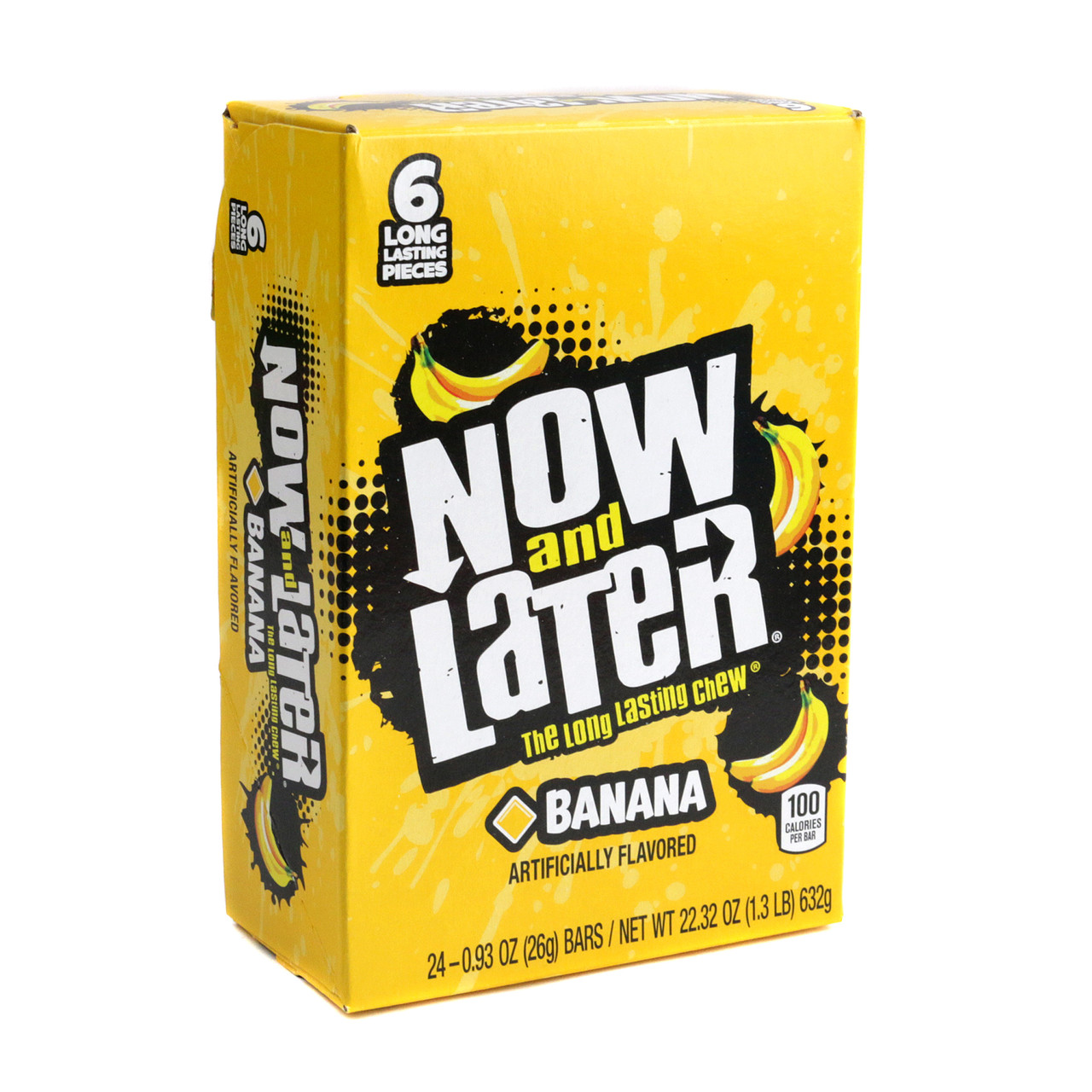 Now and Later banana taffy, 24 yellow individually wrapped packs, sweet hard chew candy, 6 pieces per pack.