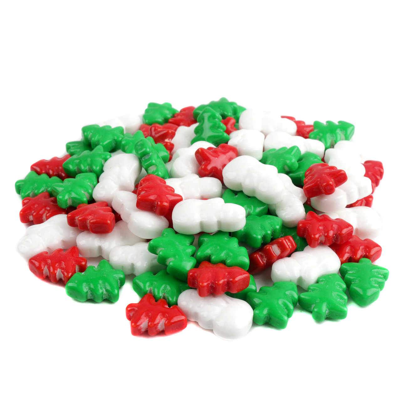 Vibrant red, green mini Christmas tree & white snowman candies, ~470 pieces/lb. Festive holiday pressed candy mix.
