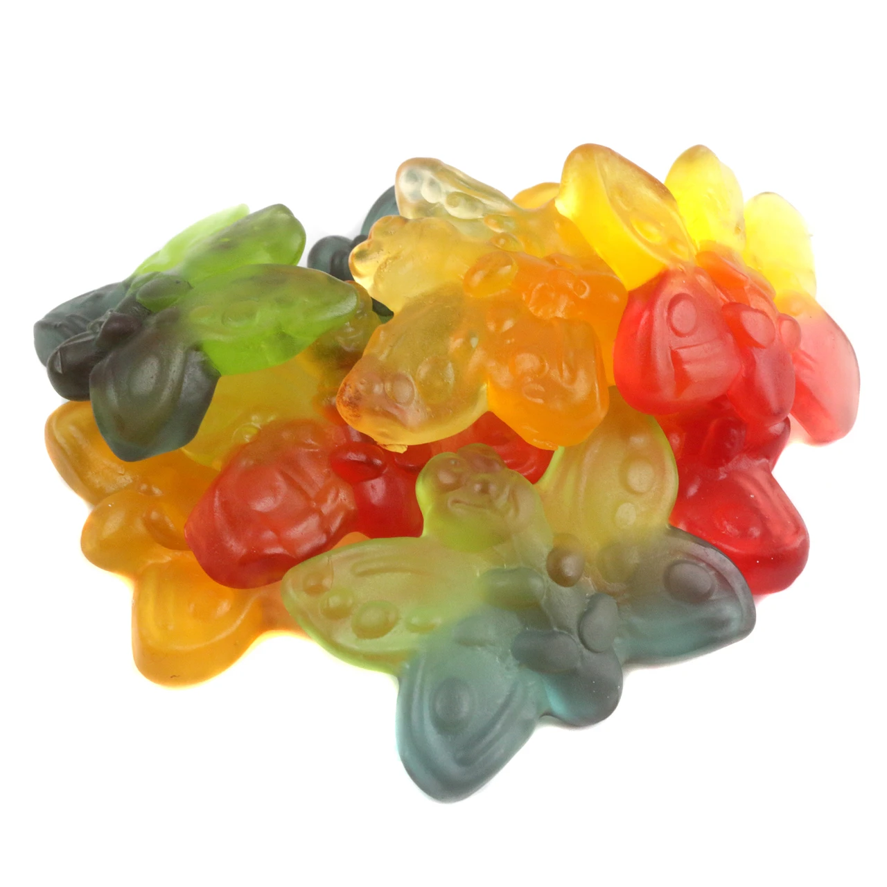 Colorful, two-tone gummy butterflies with detailed shapes. Approx 56 green, blue, yellow, red butterfly candies per pound.