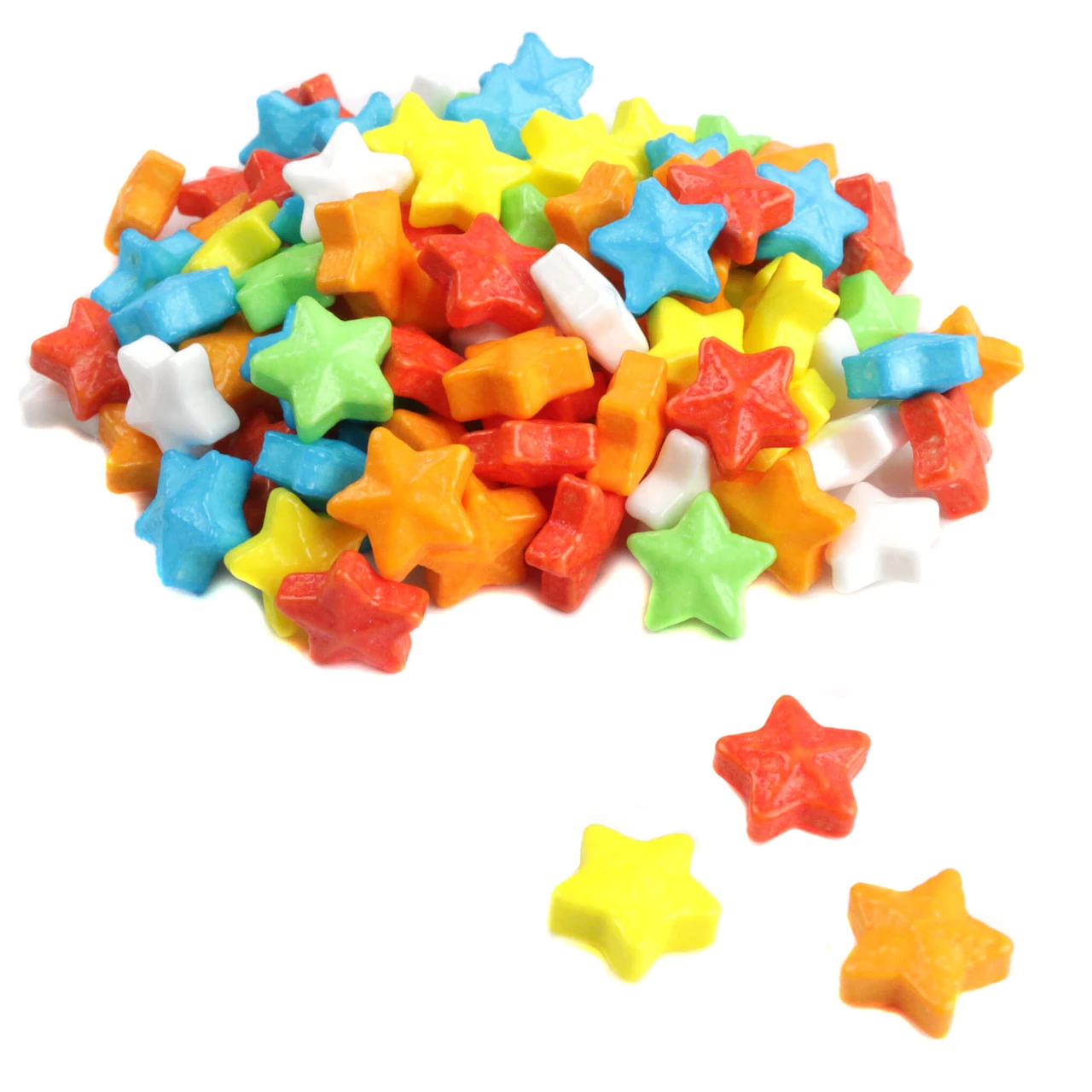 Assorted Starzmania candy stars, 6 bright colors: red, blue, white, yellow, green, orange. Mini pressed candy, approx 720 per pound.