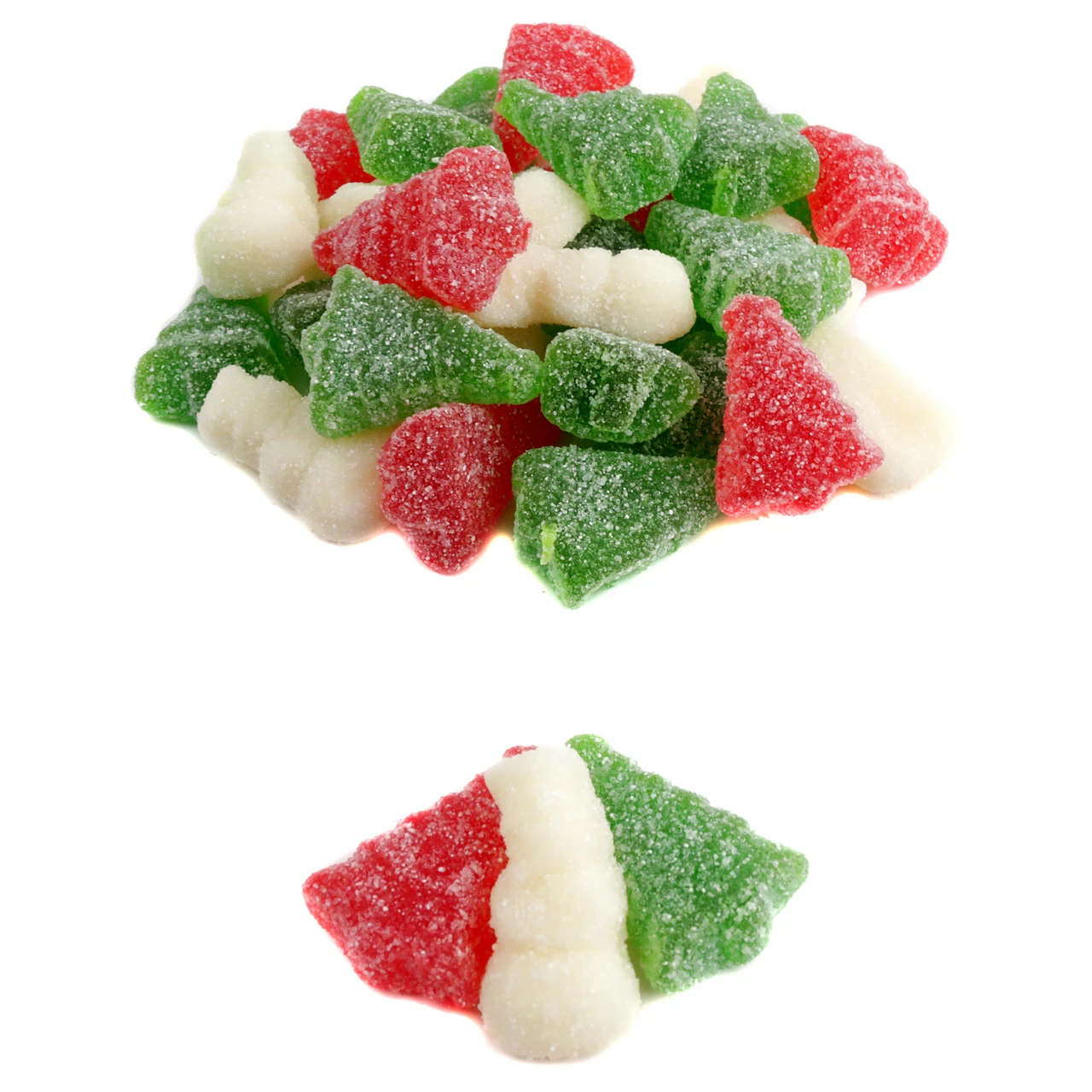 Multi-colored sanded gummy trees and snowmen, fruit-flavored with a snowy white coating.
