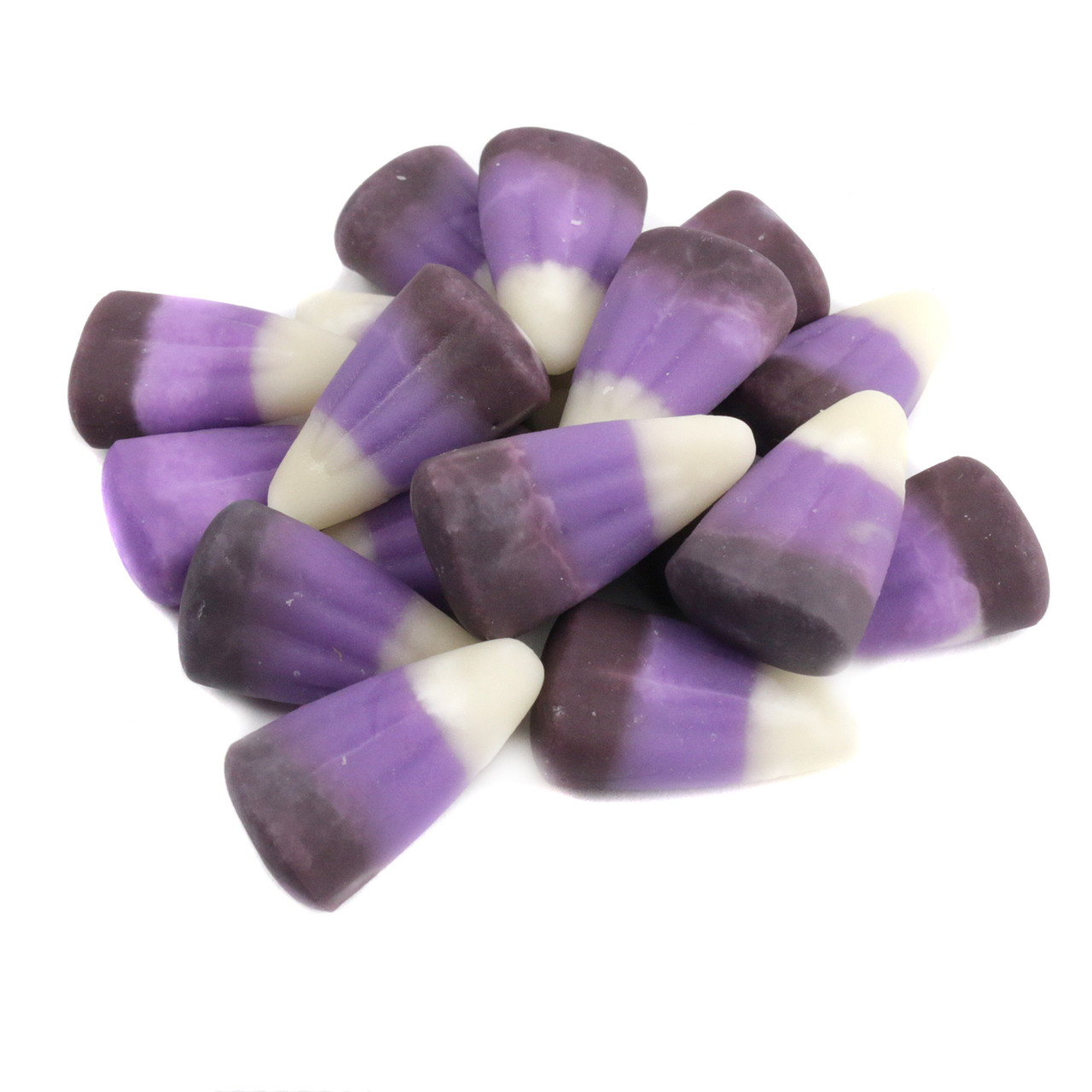 Blackberry Cobbler Candy Corn, tri-colored with prominent purple, approx. 250 pieces per pound.