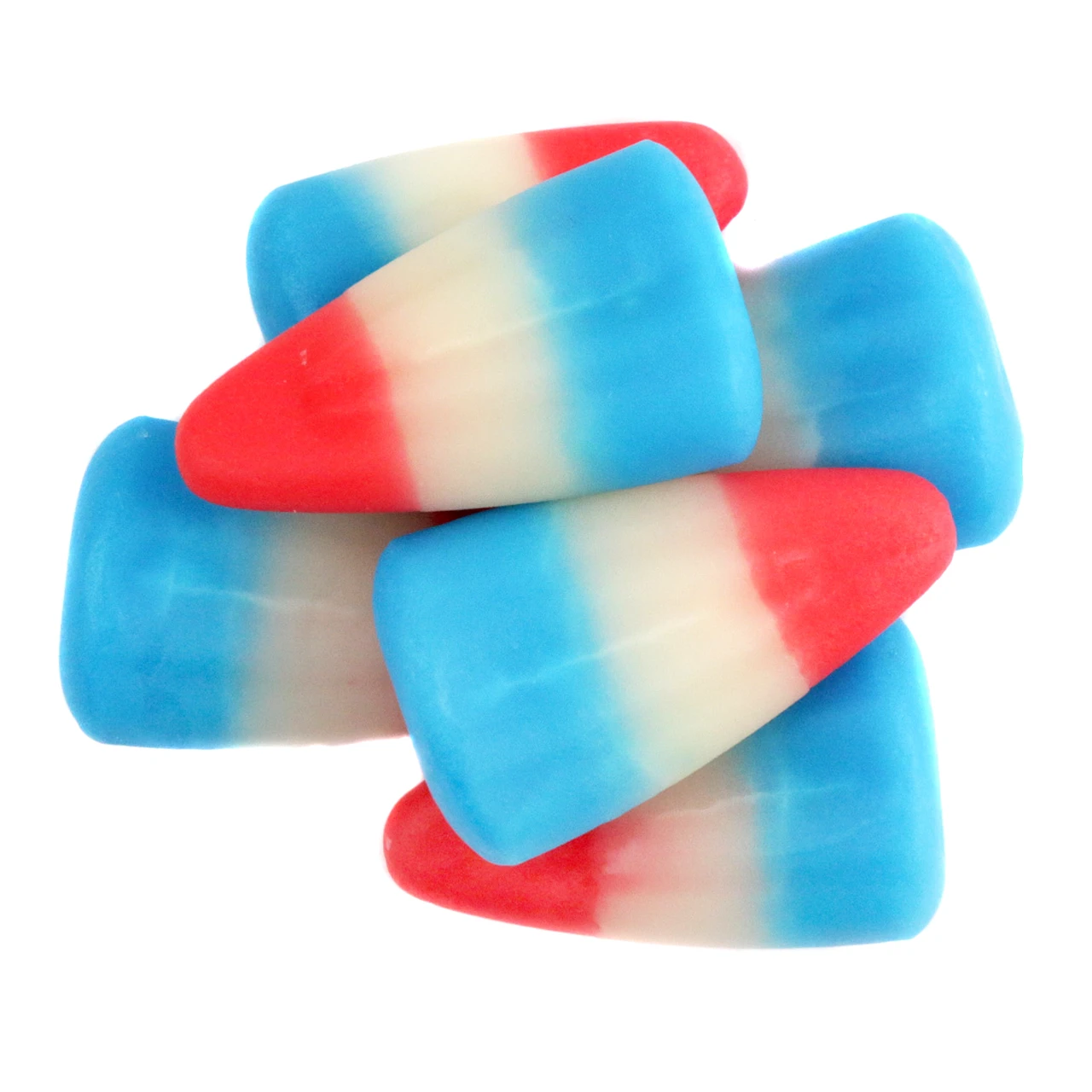 Vibrant red, white, and blue Raspberry Lemonade Candy Corn, approx 250 pieces per pound, sweet and tangy.