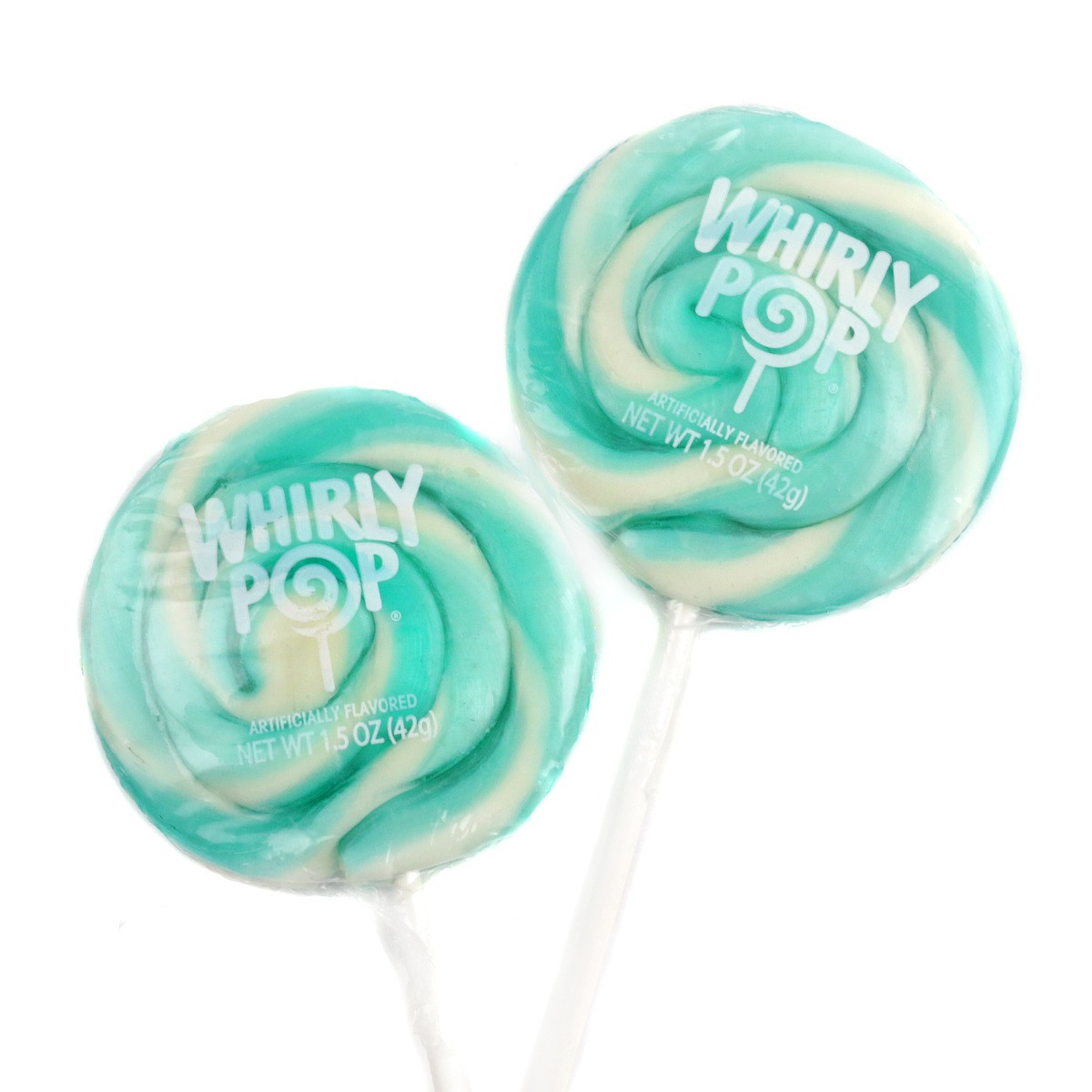 Twelve 1.5 oz Whirly Pop turquoise and white swirl lollipops, perfect for baby showers, parties.