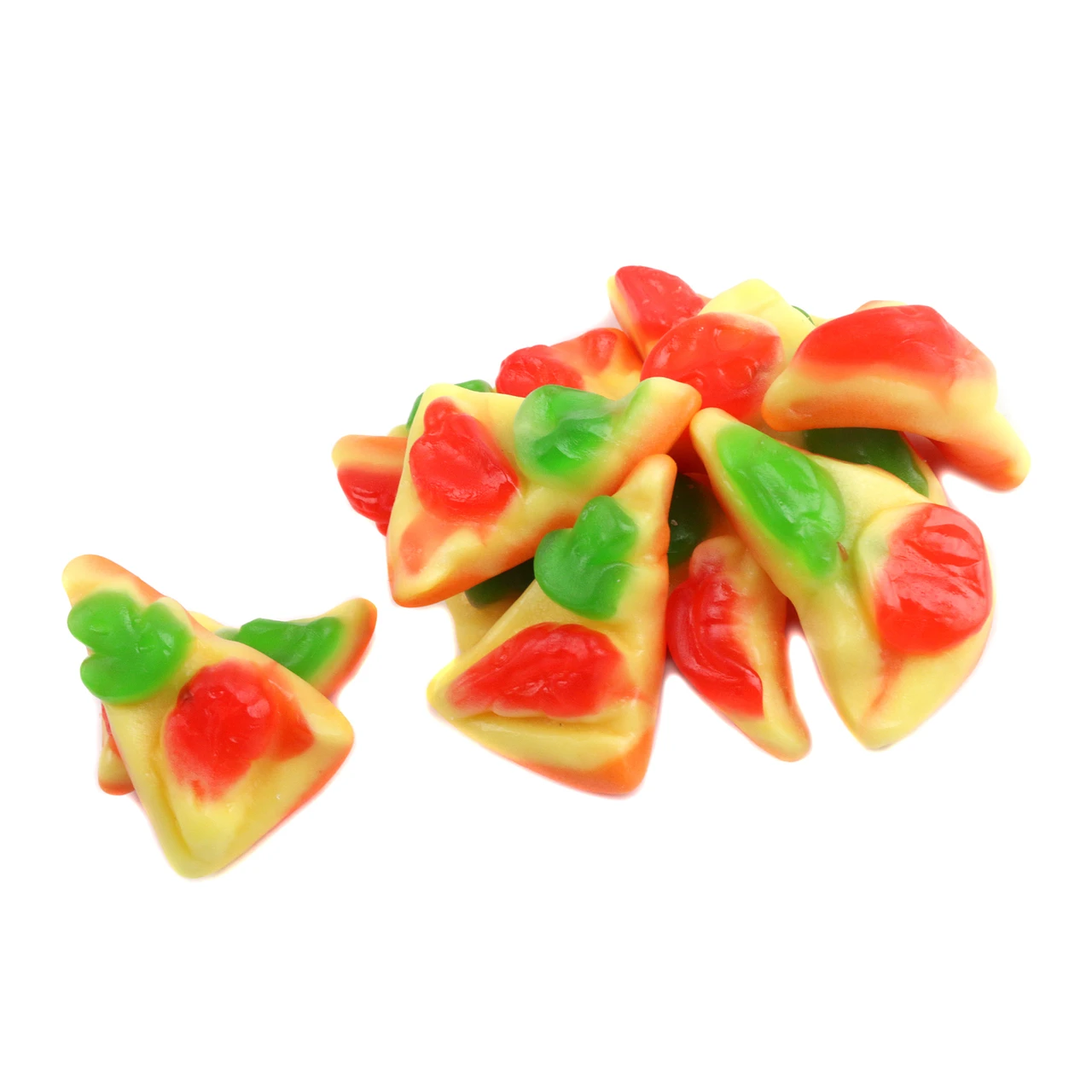 Bite-size Gummy Pizza slices with sweet red, green, and brown toppings, approx. 68 pieces per pound.