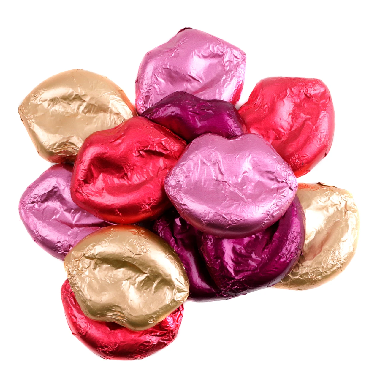 Miniature chocolate lips, assorted, in bright pink, gold, purple foils. Approx 60 per pound, Valentines candy.