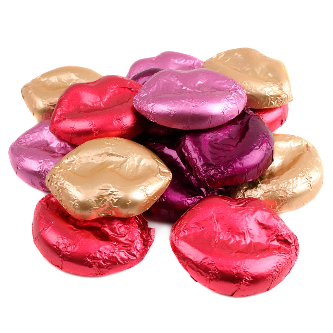 Miniature Chocolate Lips, assorted colors, wrapped in bright pink, gold, and purple foils. Valentine's candy, approx 60 per pound.