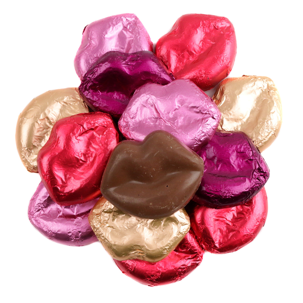 Valentine miniature chocolate lips, assorted, bright pink, gold, purple foil wrapped. Approx 60 per pound.