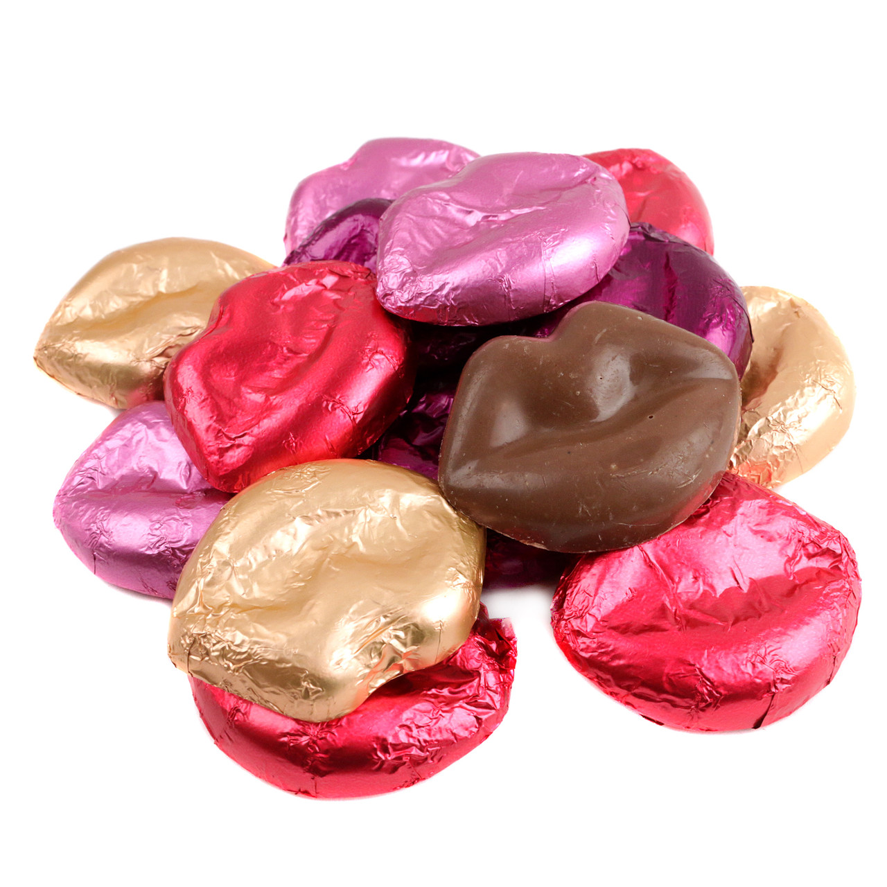 Assorted miniature chocolate lips, individually wrapped in bright pink, gold, and purple foils. Approximately 60 per pound.