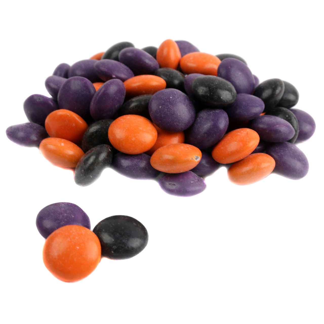 Halloween milk chocolate gems, black, purple, orange candy shell. Approx 400 per pound.
