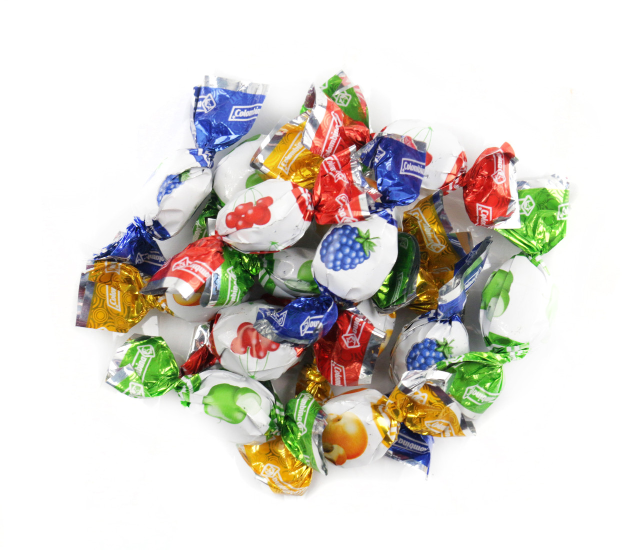 Colorful, individually wrapped Colombina mini hard candies, approx 300 per pound, with cherry, blackberry, green apple, peach fruit flavors.