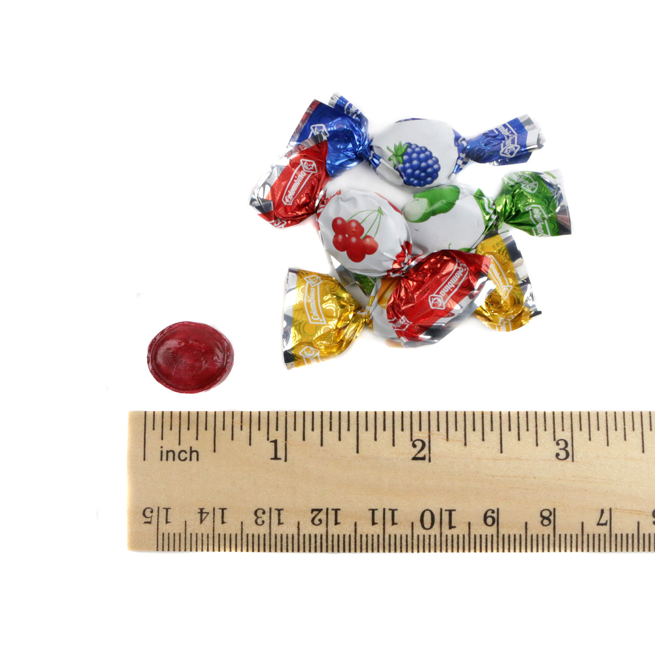 Individually wrapped Colombina mini hard candies, assorted red, purple, green, orange fruit-filled flavors. Approx 300 pieces.