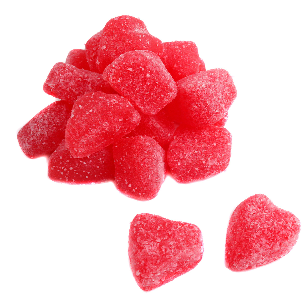 Vibrant red sour cherry jelly hearts, chewy gummy candy, heart-shaped, approximately 45 per pound, for Valentine's Day.