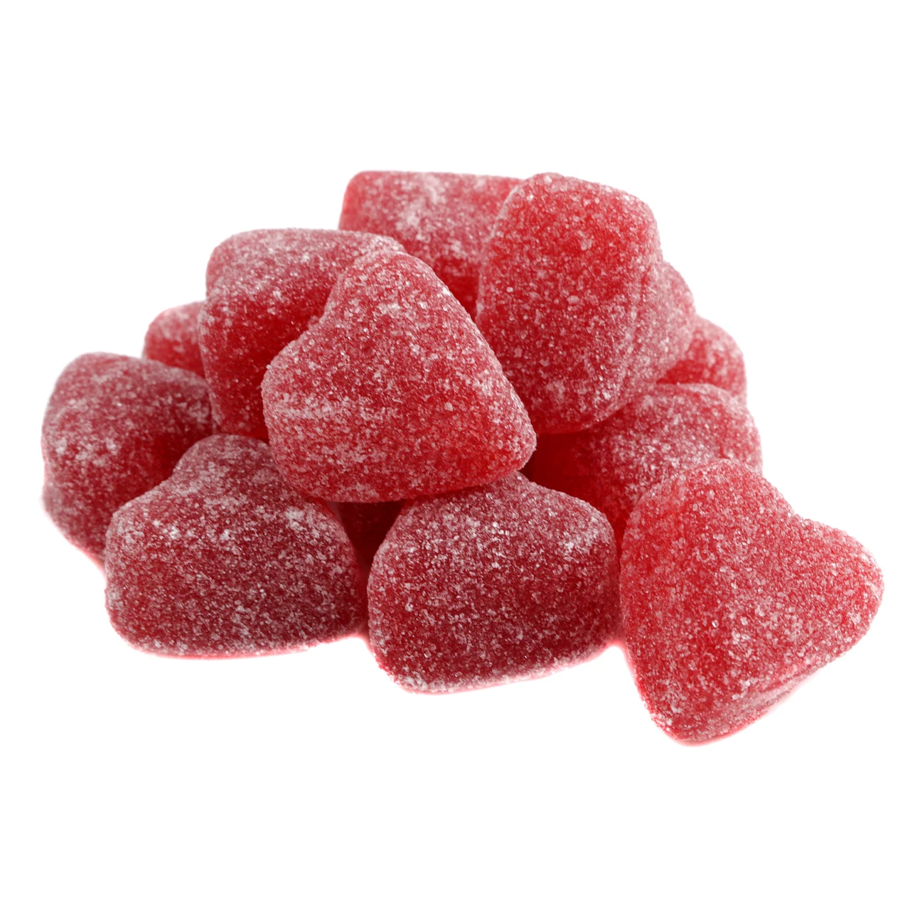 Red cinnamon jelly candy hearts, sweet sanding sugar, chewy Valentine's Day bulk candy, approx 45 per pound.