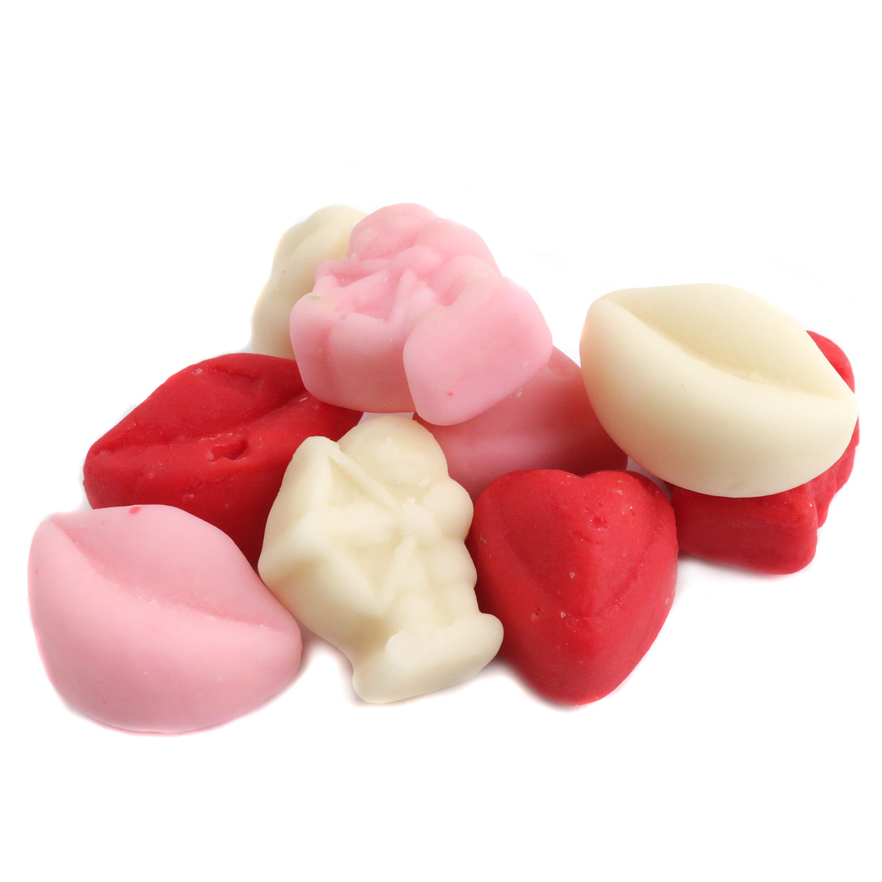Valentine Mellocreme Mix, red and pink hearts, cupids, lips. Approx 80 pieces of Valentine candy per pound.