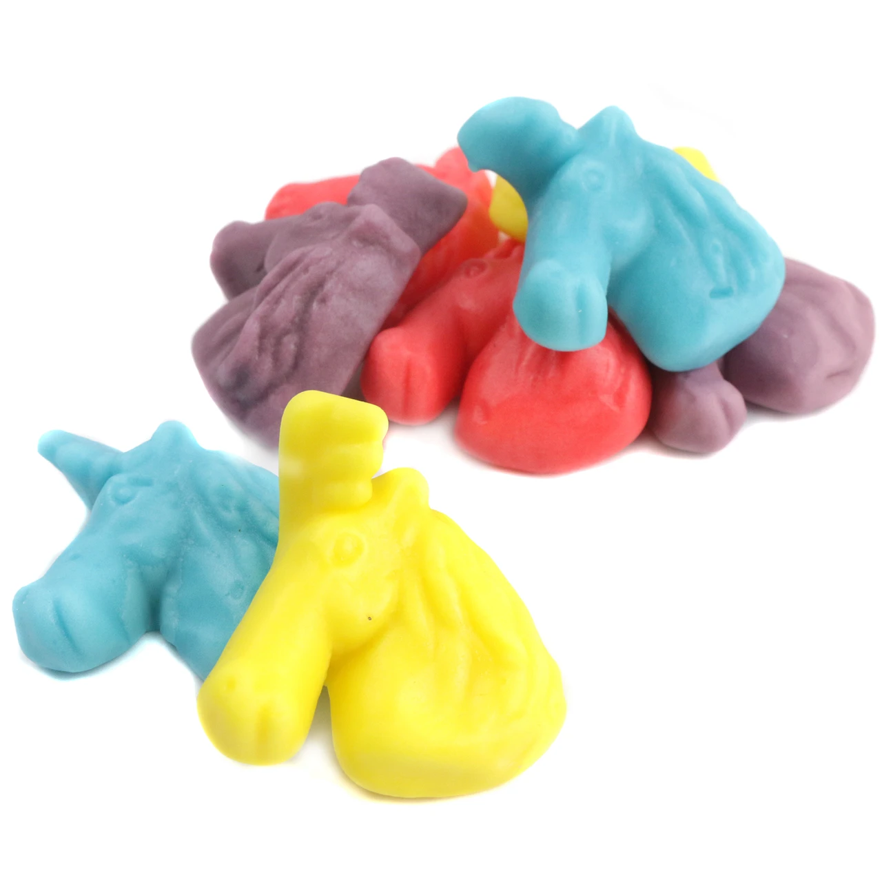 Unicorn Gummies, 4 assorted pastel colors: grape-purple, strawberry-pink, lemon-yellow, raspberry-blue. Approx 65 pieces per pound.