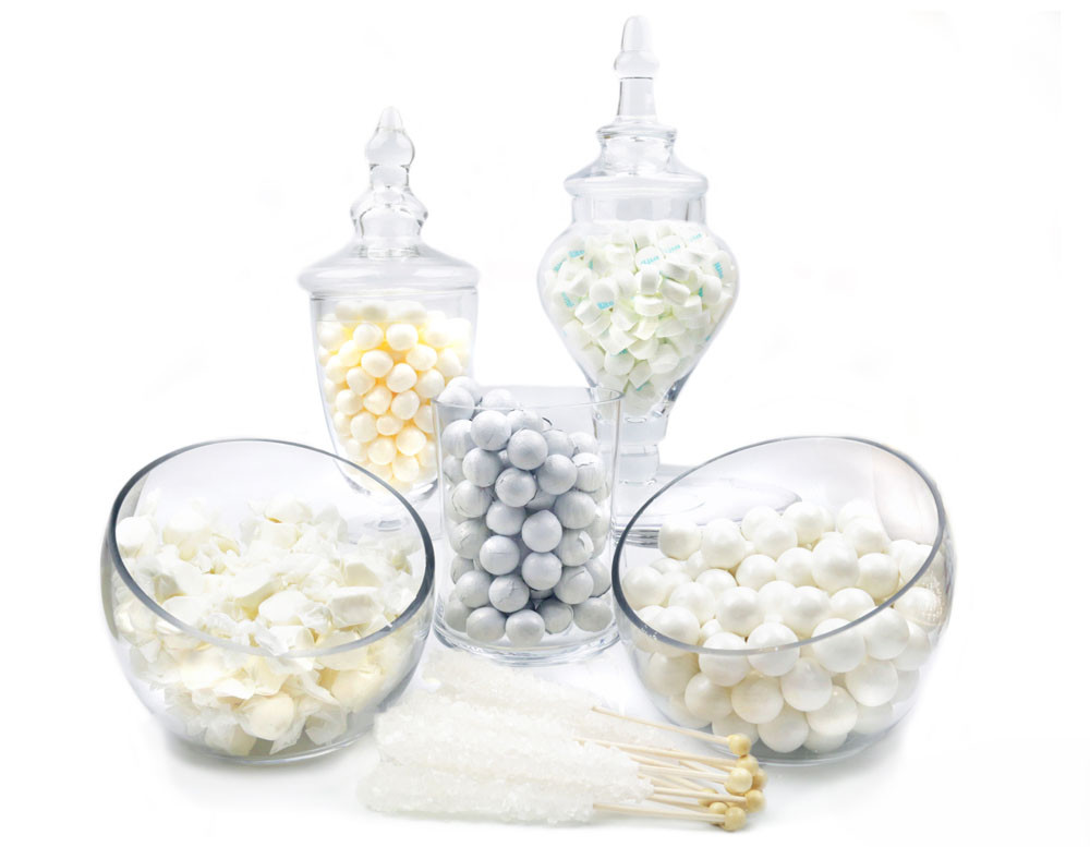 White Wedding Candy Buffet, 13-20lb bulk white candy mix, pearl gumballs, vanilla taffy, rock candy sticks, chocolate balls.
