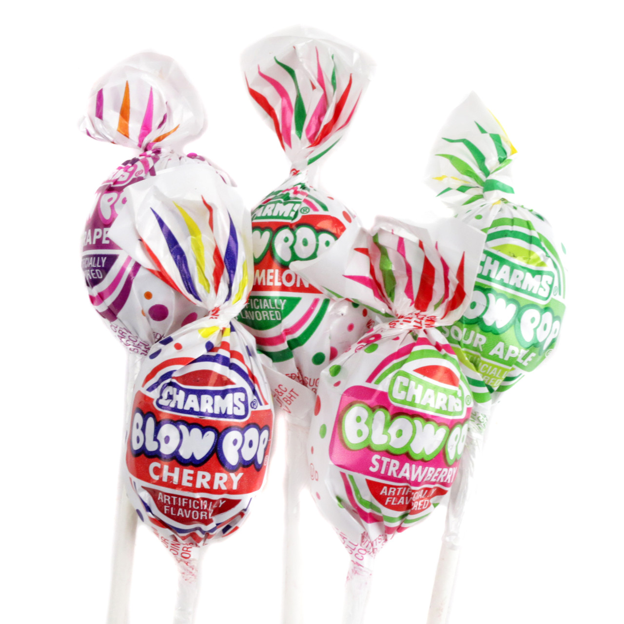 Assorted cherry, grape, watermelon, strawberry, sour apple Blow Pops lollipops, hard candy with gum center, approx 18 per pound.