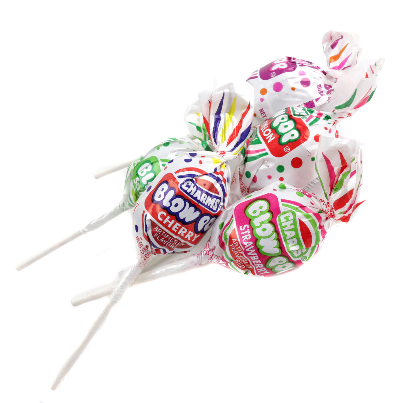 Assorted red, purple, green, pink Blow Pop lollipops, approximately 18 pieces per pound, hard candy shell, bubble gum center.