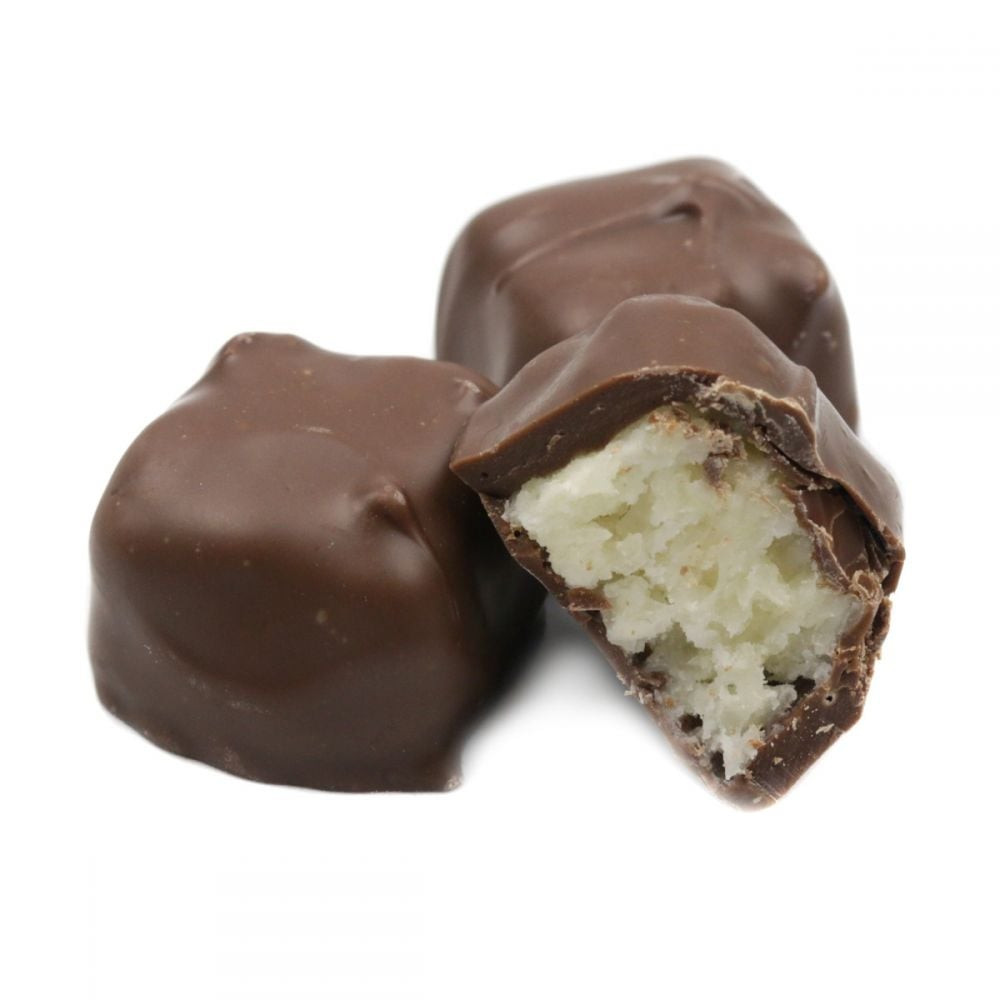 Ashers Milk Chocolate Coconut Creams, approx. 27 per lb. Sweet creamy white coconut centers, rich brown milk chocolate.