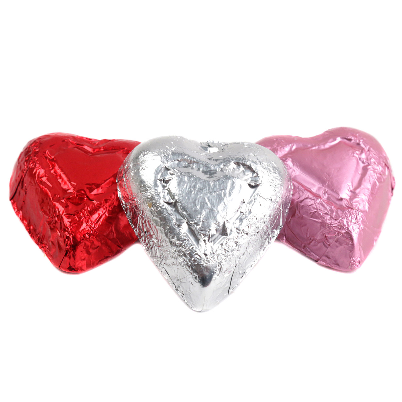 Madelaine Valentine Mini Chocolate Hearts, assorted color foil wrapped, approx 55 pieces per pound.
