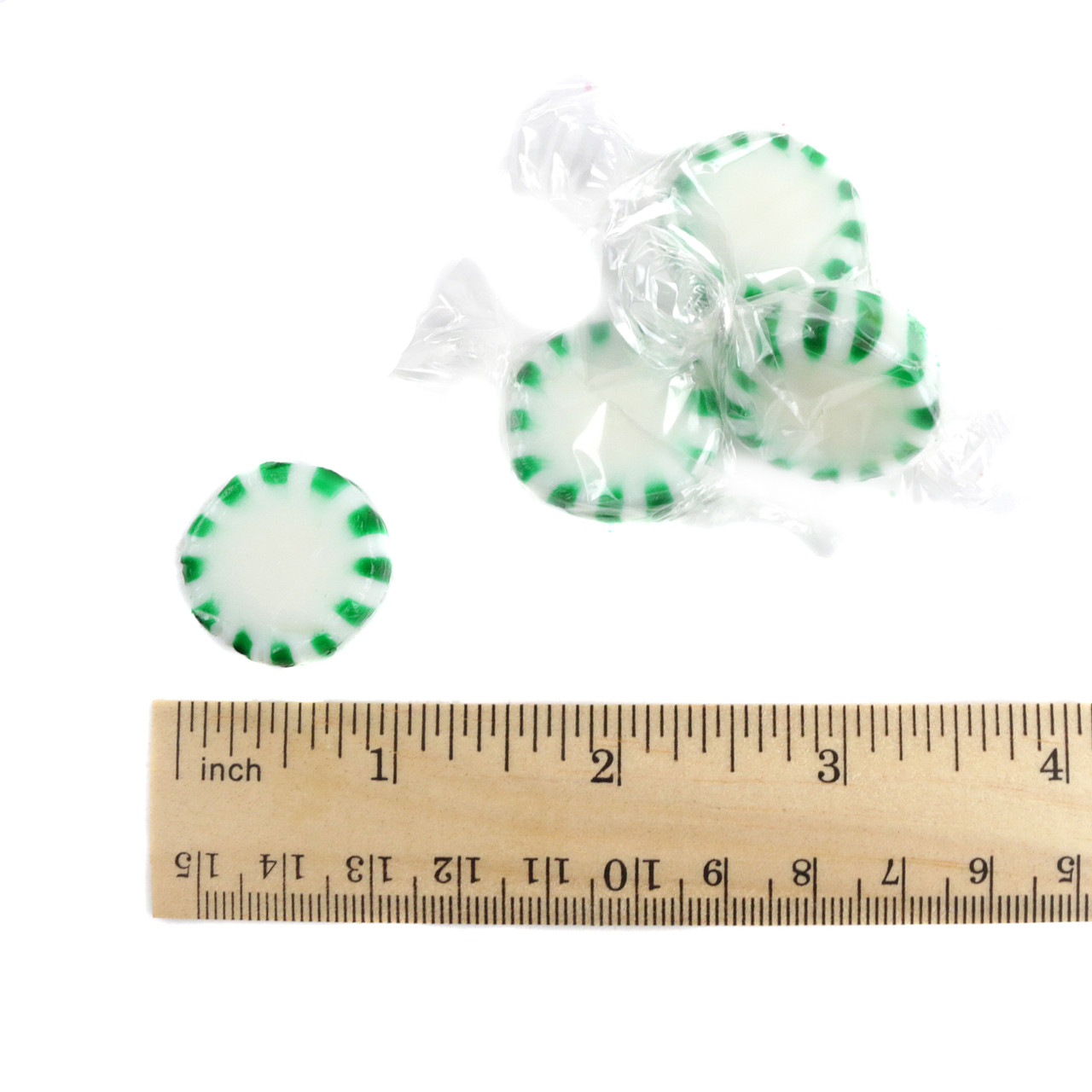 Arcor Spearmint Starlight Mints, white and green striped hard candies, individually wrapped, approx 90 per pound.