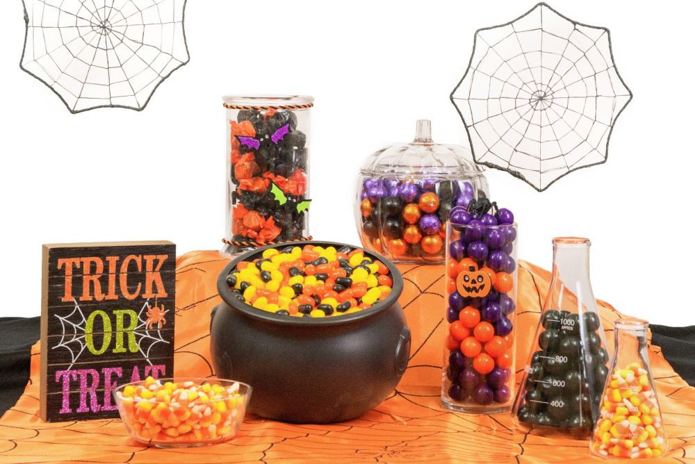 Candy Nation Halloween Candy Buffet, purple, black, orange bulk candy, Juju Pumpkins, Candy Corn, Rock Candy Sticks.