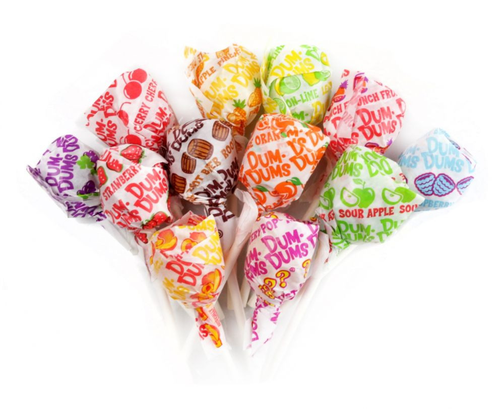 Assorted miniature Dum Dum lollipops, vibrant rainbow colors, many flavors, approximately 60 per pound.