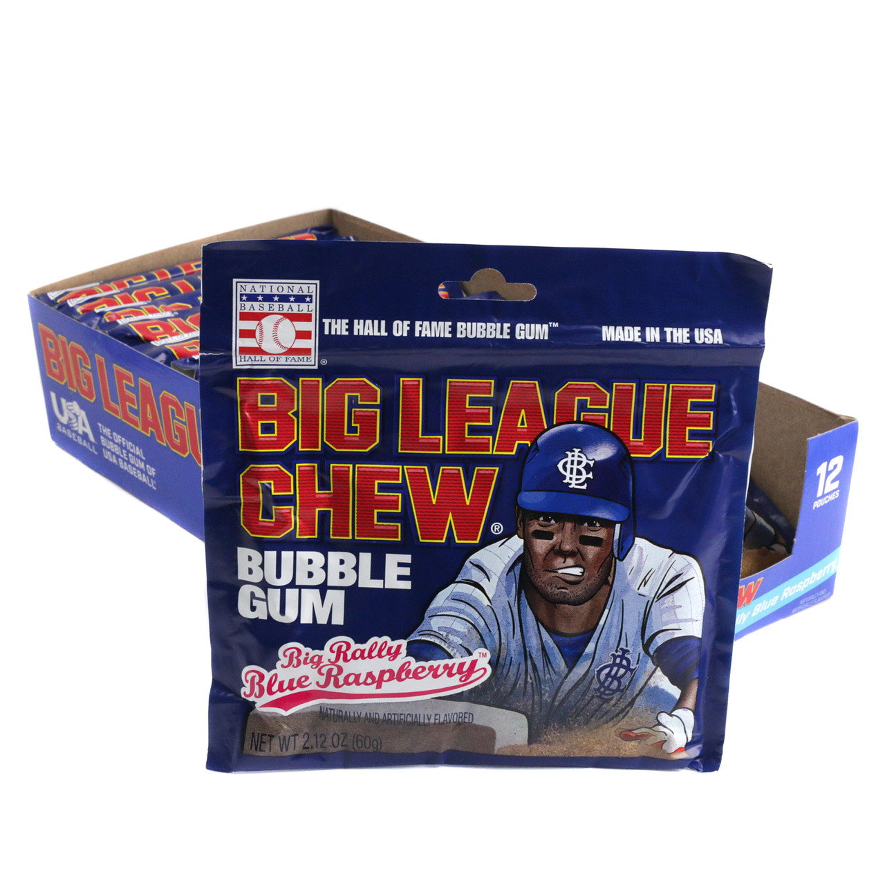 Blue Big League Chew Big Rally shredded bubble gum in a pouch, distinct blue raspberry flavor.