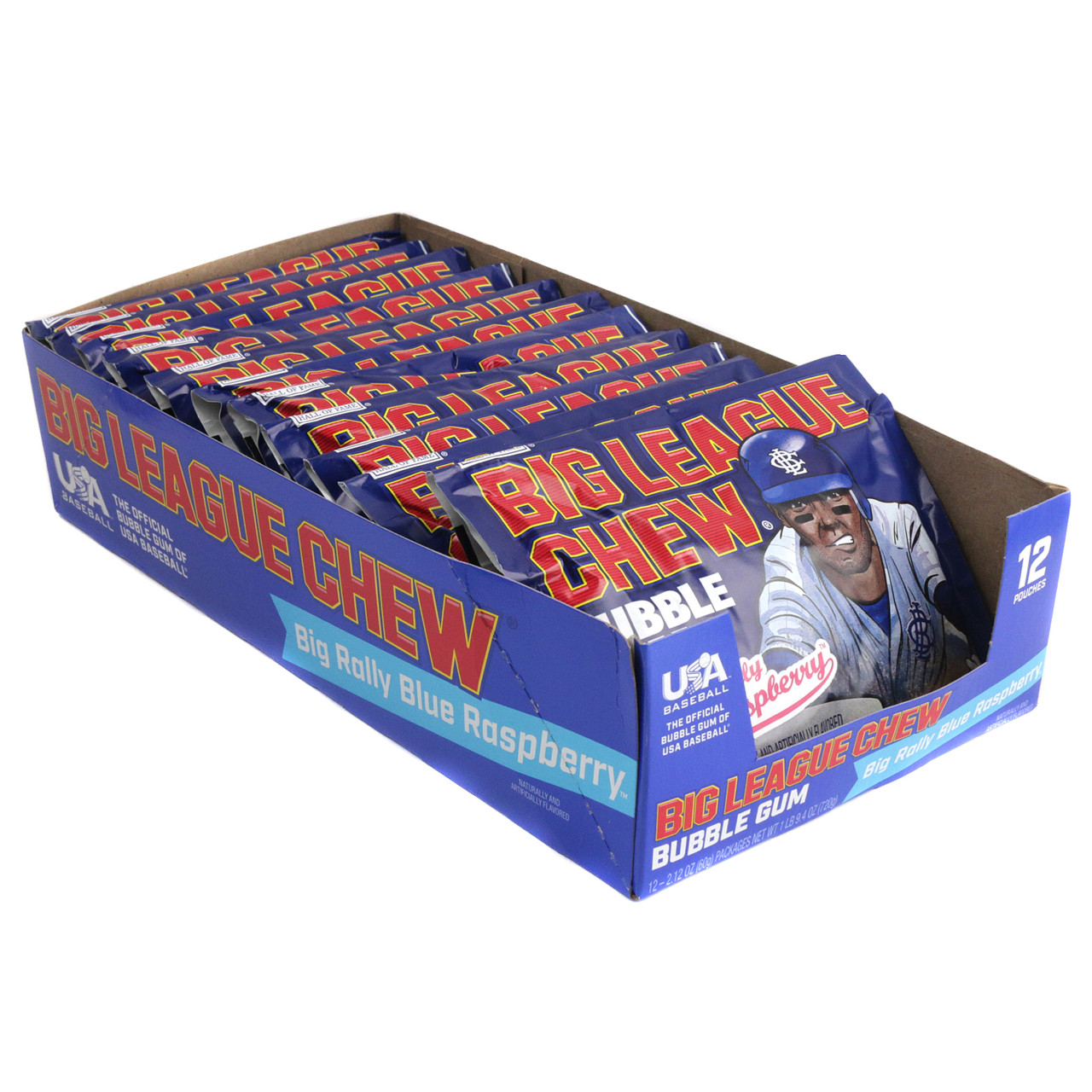 Big League Chew Big Rally blue raspberry shredded bubble gum, vibrant blue, classic baseball candy in a pouch.